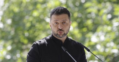 Ukrainian President Volodymyr Zelenskyy addresses a joint press conference with Norwegian Prime Minister Jonas Gahr Store (not pictured) following their meeting in Kyiv, Ukraine, Aug. 25, 2025. (EPA Photo)