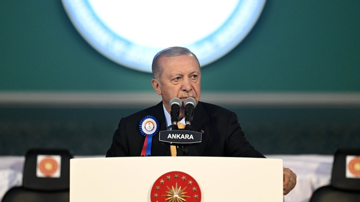 President Recep Tayyip Erdoğan delivers remarks during the Gendarmerie and Coast Guard Academy graduation ceremony at the academy’s stadium in Ankara, Aug. 27, 2025. (AA Photo)