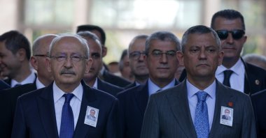 Former Republican People’s Party (CHP) Chair Kemal Kılıçdaroğlu is seen next to current chair Özgür Özel at a funeral, the capital Ankara, Türkiye, Aug. 11, 2025 (AA Photo)