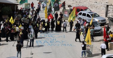 Lebanese people protest against U.S. envoy Tom Barrack in Tyre, southern Lebanon, Aug. 27, 2025. (AA Photo)