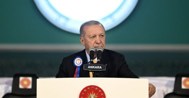 President Recep Tayyip Erdoğan delivers remarks during the Gendarmerie and Coast Guard Academy graduation ceremony at the academy’s stadium in Ankara, Aug. 27, 2025. (AA Photo)