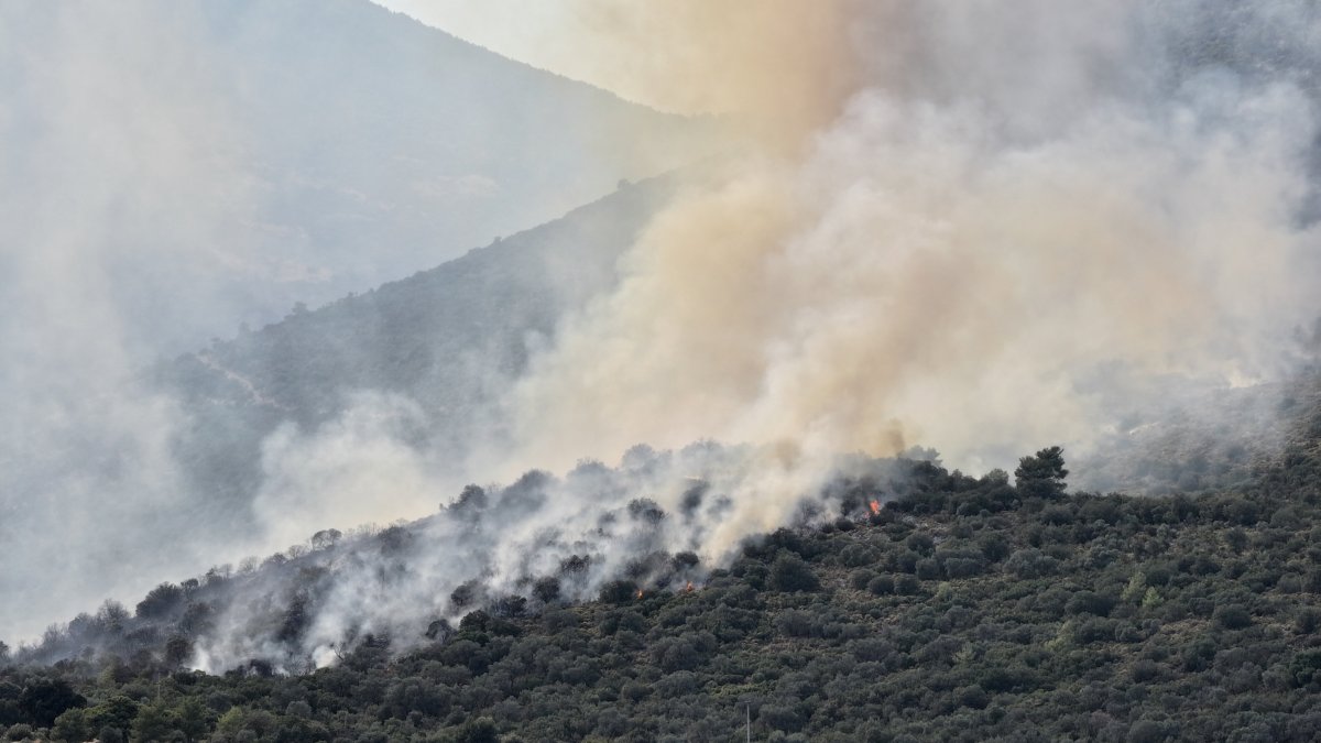 Firefighters battle a blaze in a forested area in Seydikemer, a district of Muğla, southwestern Türkiye, Aug. 21, 2025. (AA Photo)