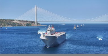 Turkish naval vessels are seen sailing during the Teknofest Blue Homeland parade, Istanbul, Türkiye, Aug. 24, 2025. (AA Photo)