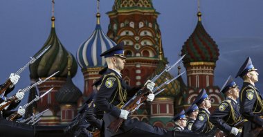 Members of the Guard of Honor of the Presidential regiment of the Commandant&#039;s Office of the Moscow Kremlin perform during the opening of the International Military Music Festival &quot;Spasskaya Tower&quot; on the Red Square, Moscow, Russia, Aug. 21, 2025. (EPA Photo)