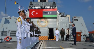 Türkiye&#039;s ambassador to Tripoli, Güven Begeç (R), visited the TCG Kınalıada Corvette and met with naval commanders in Tripoli, Libya, Aug. 17, 2025. (AA Photo)