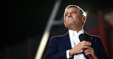 CHP leader Özgür Özel delivers a speech during a rally outside the Beyoğlu municipality town hall, Istanbul, Türkiye, Aug. 27, 2025. (AFP Photo)