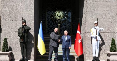 Defense Minister Yaşar Güler (R) welcomes Rustem Umerov, secretary of Ukraine’s National Security and Defense Council, for talks at the ministry, Ankara, Türkiye, Aug. 28, 2025. (AA Photo)
