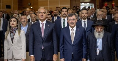 (L to R) Alevi-Bektashi Culture and Cemevi President Esma Ersin, Culture and Tourism Minister Mehmet Nuri Ersoy, Vice President Cevdet Yılmaz and Hıdır Abdal Ocağı elder Ahmet Uğurlu attend the Alevi Faith Leaders and Cemevi Presidents’ Consultation Meeting, in Ankara, Türkiye, Aug. 28, 2025. (AA Photo)