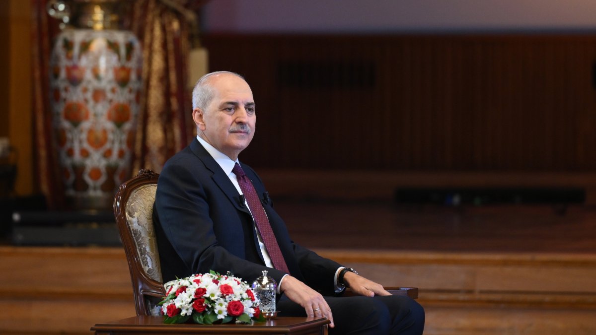 Parliament Speaker Numan Kurtulmuş speaks to Anadolu Agency (AA) at the Parliament in Ankara, Türkiye, Aug. 29, 2025. (AA Photo)