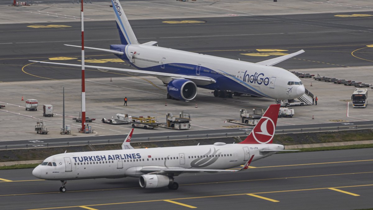 Boeing 777-300ER of IndiGo and an Airbus A321 of Turkish Airlines are spotted at Istanbul Airport, Istanbul, Türkiye, April 26, 2024. (Getty Images)