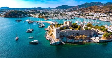 An undated drone photo shows Bodrum Castle and the town center in Muğla’s Bodrum district, southwestern Türkiye. (Shutterstock Photo)
