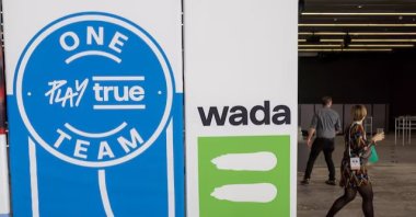 A WADA logo is seen at the World Anti-Doping Agency (WADA) Symposium, Lausanne, Switzerland, March 12, 2024. (Reuters Photo)