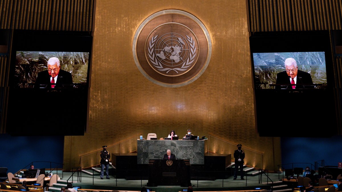 Palestinian President Mahmoud Abbas addresses the 77th session of the United Nations General Assembly, at the U.N. headquarters in New York, U.S., Sept. 23, 2022. (AP Photo)