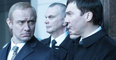 This image shows Jude Law, as Vladimir Putin, left, and Paul Dano, as Vadim Baranov, in a scene from &quot;The Wizard of the Kremlin.&quot; (AP Photo)