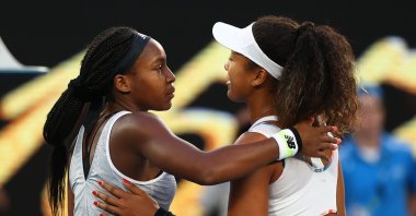 Coco Gauff of the U.S. embraces Naomi Osaka of Japan after during their Australian Open match, in Melbourne, Australia, Jan. 24, 2020. (Getty Images)