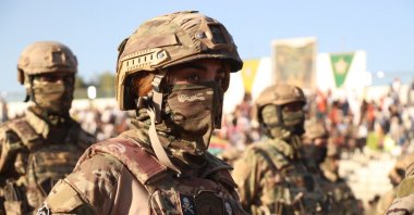 YPG members attend the funeral for a senior PKK terrorist in Qamishli, Syria, Aug. 12, 2025. (EPA Photo)
