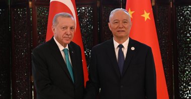 President Recep Tayyip Erdoğan meets with Cai Qi, the first secretary of the Political Bureau of the Communist Party of China, during the Shanghai Cooperation Organization summit, Tianjin, China, Sept. 1, 2025. (AA Photo)