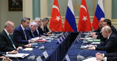 President Recep Tayyip Erdoğan is seen with his Russian counterpart Vladimir Putin and their delegations, Tianjin, China, Sept.1, 2025 (AA Photo)