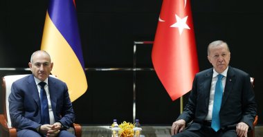 President Recep Tayyip Erdoğan meets with Armenian Prime Minister Nikol Pashinyan at the Shanghai Cooperation Organization summit, Tianjin, China, Sept. 1, 2025. (AA Photo)