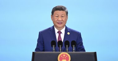 Chinese President Xi Jinping addresses a banquet to welcome international guests attending the Shanghai Cooperation Organization (SCO) Summit 2025 at the Meijiang Convention and Exhibition Center in Tianjin, north China, Aug. 31, 2025. (Xinhua via AP)