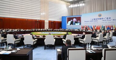 President Recep Tayyip Erdoğan addresses the SCO summit, Tianjin, China, Sept. 1, 2025. (AA Photo)