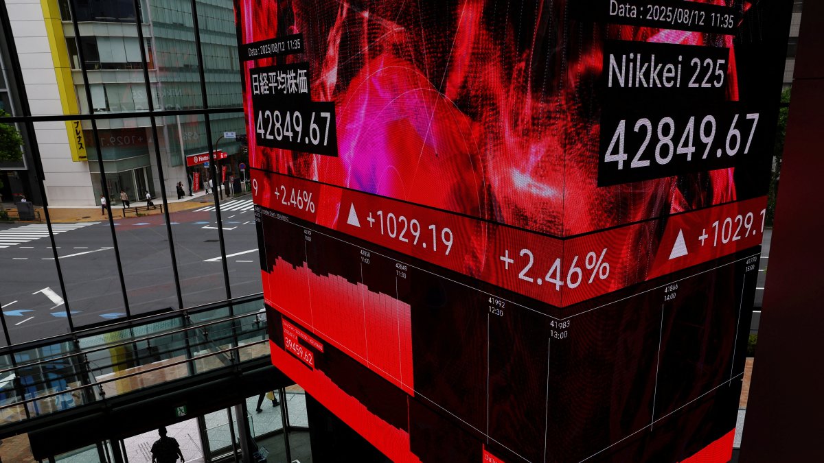 A display showing the Nikkei share average is pictured inside a financial building in Tokyo, Japan, Aug. 12, 2025. (Reuters Photo)