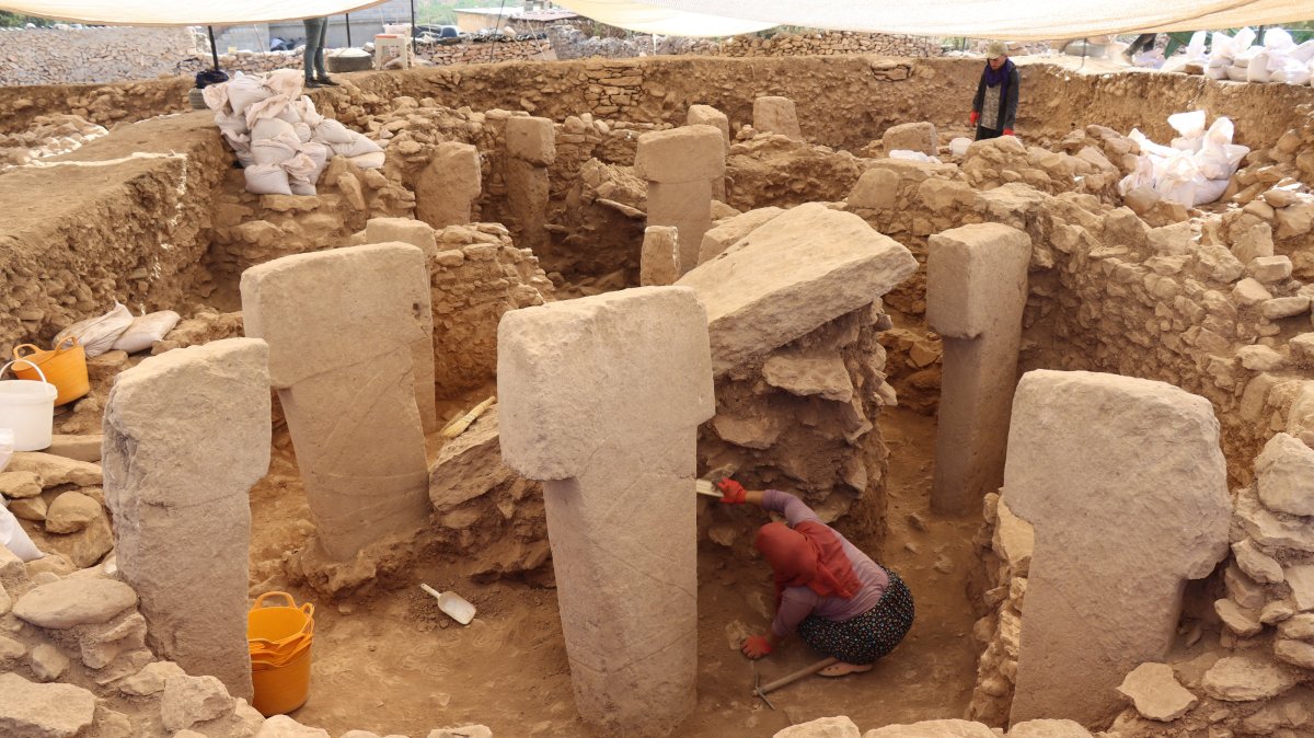 T-shaped standing stones uncovered at the Neolithic Sayburç excavation site in Şanlıurfa, southeastern Türkiye, Aug. 27, 2025. (AA Photo)