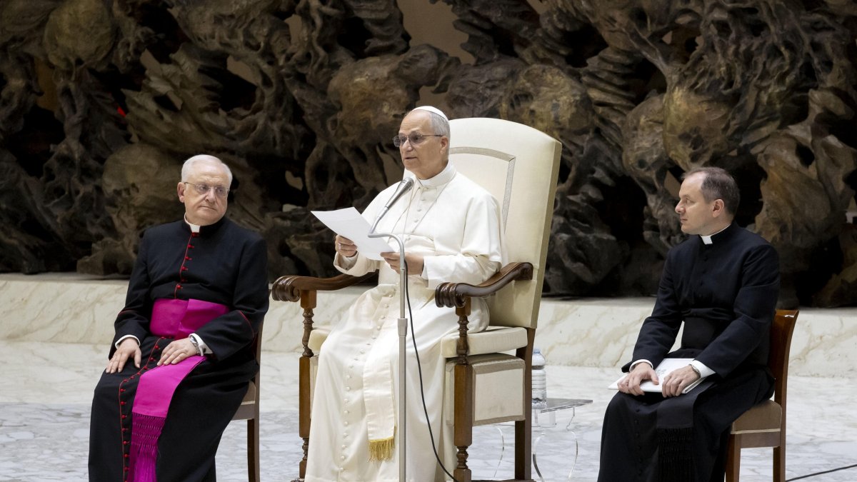 Pope Leo XIV attends the weekly general audience in the Paul VI Hall in Vatican City, Aug. 27, 2025. (EPA Photo)