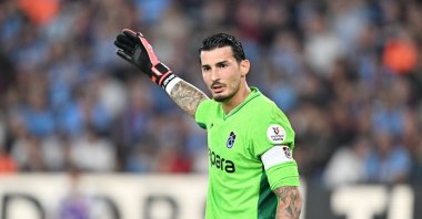 Trabzonspor&#039;s Uğurcan Çakır reacts during the Süper Lig match against Antalyaspor, Trabzon, Türkiye, Aug. 24, 2025. (AA Photo)