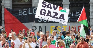 People protest in solidarity with the Palestinian people ahead of a debate at the Belgian parliament on the Gaza crisis, in Brussels, Belgium, Aug. 14, 2025. (EPA Photo)