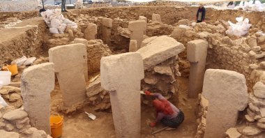 T-shaped standing stones uncovered at the Neolithic Sayburç excavation site in Şanlıurfa, southeastern Türkiye, Aug. 27, 2025. (AA Photo)