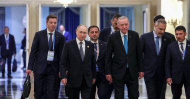 Russian President Vladimir Putin (L) and President Recep Tayyip Erdoğan walk during their meeting on the sidelines of the Shanghai Cooperation Organisation (SCO) summit, Tianjin, China, Sept. 1, 2025. (Reuters Photo)
