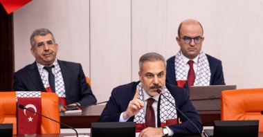 Foreign Minister Hakan Fidan speaks during an extraordinary parliamentary session on Israel's attacks on Gaza, at the Turkish Parliament in Ankara, Aug. 29, 2025. (Reuters Photo) 
