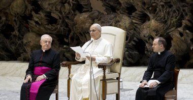 Pope Leo XIV attends the weekly general audience in the Paul VI Hall in Vatican City, Aug. 27, 2025. (EPA Photo)