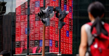 An electronic quotation board displays the Nikkei 225 stock prices on the Tokyo Stock Exchange in Tokyo, Japan, Aug. 12, 2025. (AFP Photo)