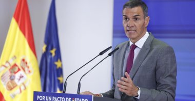 Spain's Prime Minister Pedro Sanchez speaks at an event in Madrid, Spain, Sept. 1, 2025. (EPA Photo)