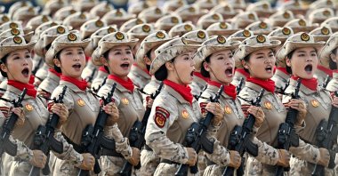 Chinese female troops march during a military parade marking the 80th anniversary of victory over Japan and the end of World War II, in Beijing’s Tiananmen Square, China, Sept. 3, 2025. (AFP Photo)