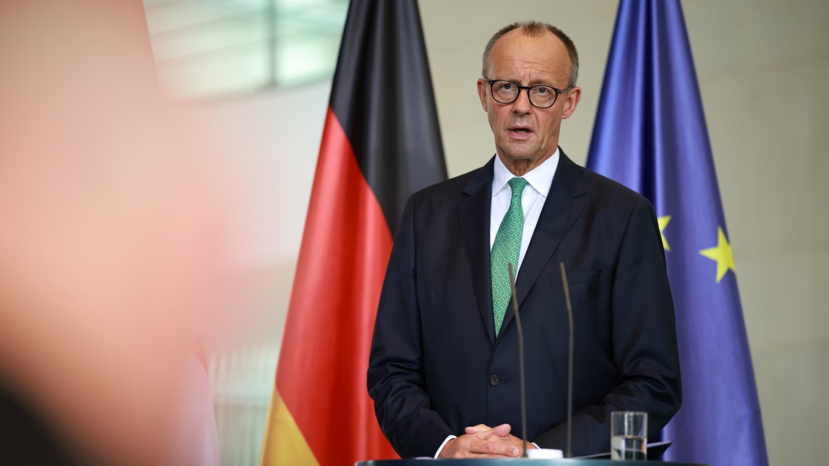 German Chancellor Friedrich Merz holds a joint news conference with the Swiss federal president at the Chancellery, Berlin, Germany, Sept. 2, 2025. (EPA Photo)