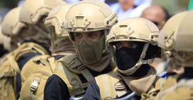 Houthi fighters stand guard during the funeral of senior Houthi officials killed in recent Israeli strikes, in Sana&#039;a, Yemen, Sept. 1, 2025. (EPA Photo)