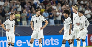 Players of Germany look disappointed after losing the 2026 FIFA World Cup Group A qualifying match between Slovakia and Germany, Bratislava, Slovakia, Sept. 4, 2025.  (EPA Photo)