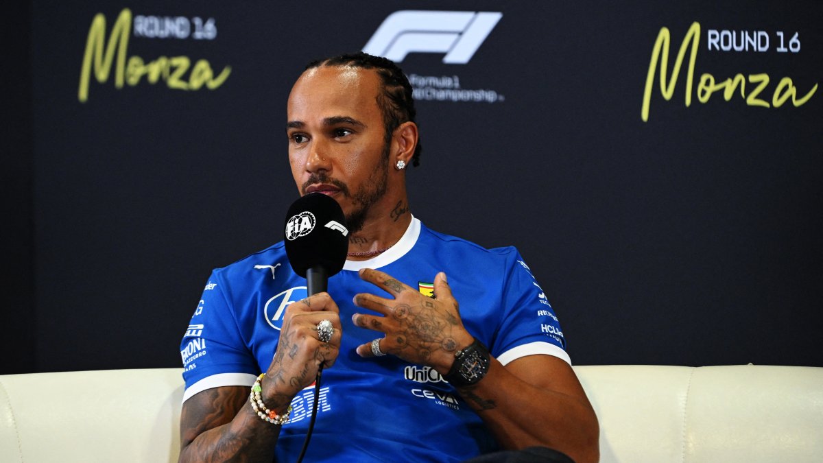 Ferrari&#039;s Lewis Hamilton during the press conference ahead of the Italian Grand Prix at the Autodromo Nazionale Monza, Monza, Italy, Sept. 4, 2025. (Reuters Photo)