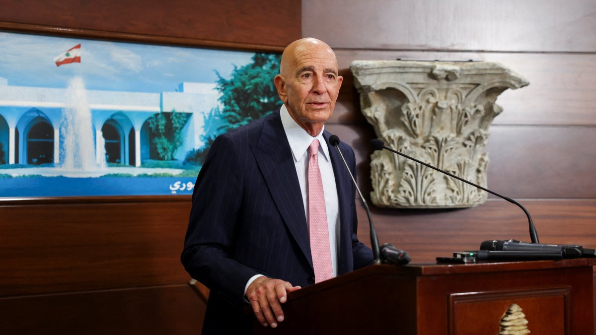 U.S. Ambassador to Türkiye and U.S. Special Envoy for Syria Thomas Barrack speaks after meeting with Lebanese President Joseph Aoun at the Presidential Palace, Baabda, Lebanon, Aug. 18, 2025. (Reuters Photo)