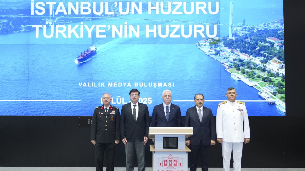 Istanbul Governor Davut Gül (C) announces the city’s security data for the first eight months of 2025 at the Provincial Disaster and Emergency Management Directorate, Istanbul, Türkiye, Sept. 5, 2025. (AA Photo) 