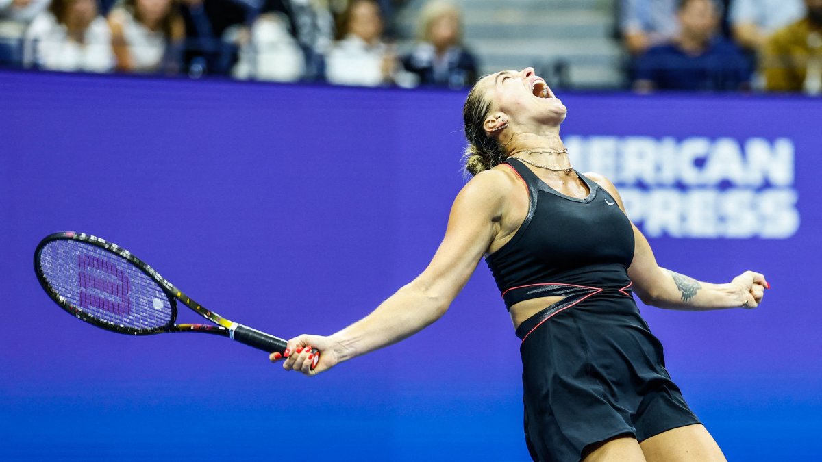 Belarus&#039;s Aryna Sabalenka celebrates defeating USA&#039;s Jessica Pegula in their women&#039;s singles semifinal tennis match on day twelve of the US Open tennis tournament at the USTA Billie Jean King National Tennis Center, New York City, U.S., Sept. 4, 2025. (AFP Photo)