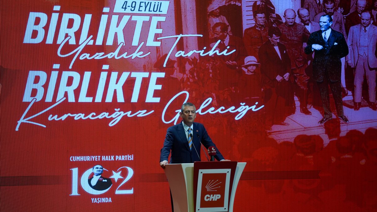 CHP Chairperson Özgür Özel delivers remarks at the opening of the CHP Program Workshop held at the party headquarters during its founding week, Sept. 5, 2025. (AA Photo)