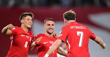 Türkiye men&#039;s football national team players celebrate after Kerem Aktürkoğlu&#039;s (R) goal during the World Cup qualifiers match against Georgia, Tbilisi, Georgia, Sept. 4, 2025. (AA Photo)