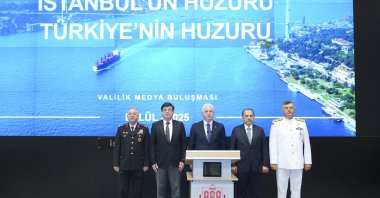 Istanbul Governor Davut Gül (C) announces the city’s security data for the first eight months of 2025 at the Provincial Disaster and Emergency Management Directorate, Istanbul, Türkiye, Sept. 5, 2025. (AA Photo) 