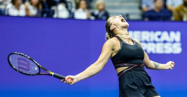 Belarus&#039;s Aryna Sabalenka celebrates defeating USA&#039;s Jessica Pegula in their women&#039;s singles semifinal tennis match on day twelve of the US Open tennis tournament at the USTA Billie Jean King National Tennis Center, New York City, U.S., Sept. 4, 2025. (AFP Photo)