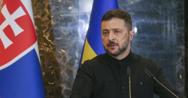Ukrainian President Volodymyr Zelenskyy addresses a joint press conference with Slovakia&#039;s Prime Minister Robert Fico (not pictured) following their meeting in the Transcarpathian city of Uzhhorod, western Ukraine, Sept. 5, 2025. (EPA Photo)