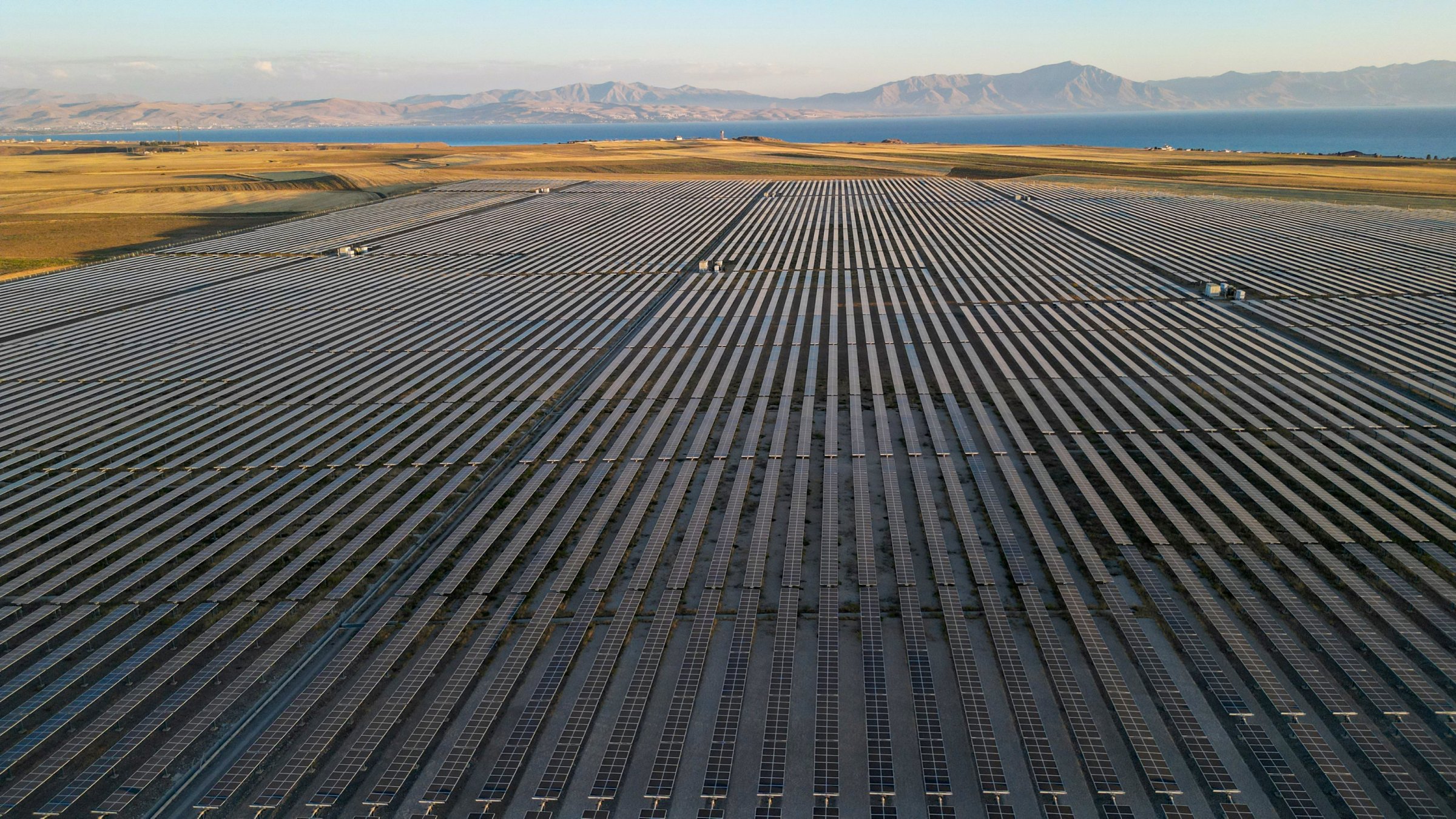 An aerial view of the solar panels installed in Van, eastern Türkiye, Jan. 17, 2025. (AA Photo)